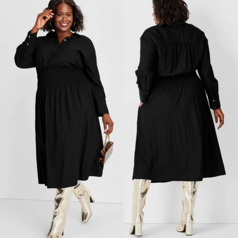 Plus-Size Black Midi Shirtdress with Smocked Waist